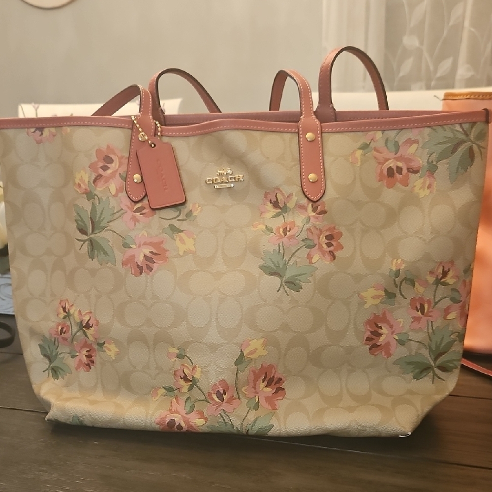 Coach Beige and Pink Floral Tote 13x11x6